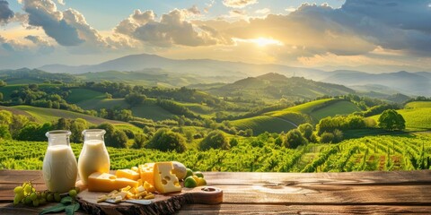 fresh milk and cheese with alpine landscape background