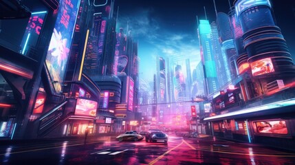 Wall Mural - A cyberpunk-inspired cityscape at night, illuminated by neon signs and lights, with futuristic cars traversing the vividly colored streets. Resplendent.