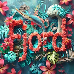 Wall Mural - AI generated illustration of colorful flowers and plants surround the word 