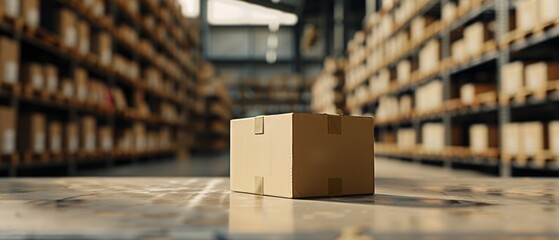 Poster - Box Package Standing on a Table in the Warehouse, where Rows of Shelves with Parcels Wait to be Shipped and Delivered.