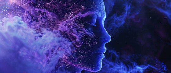 Poster - Abstract Information Fractals Form a Fractal Female Face. Dark Blue & Violet Colors.