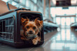 Small dog in a dog carrier in large international airport, ready to travelling in airplane cargo.
