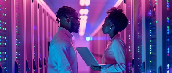 Poster - They talk in the data center while walking between server racks while running diagnostics or performing maintenance work. An IT technician with a laptop computer gives a tour to a young intern.