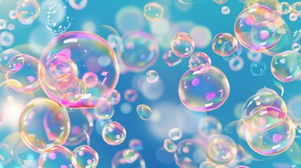 Poster - Realistic modern illustration of a soap bubble blower with floating spheres and rainbow air bubbles. Children's summer entertainment.