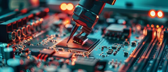 Wall Mural - A macro view of the assembly process of Printed Circuit Board (PCB) using an automated robotic arm. Surface Mount Technology (SMT) enables connection of microchips to the motherboard.