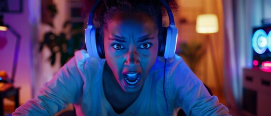 Wall Mural - In this picture, a pretty and excited black gamer girl wears headphones while playing online video game. The room and computer have colorful neon led lights.