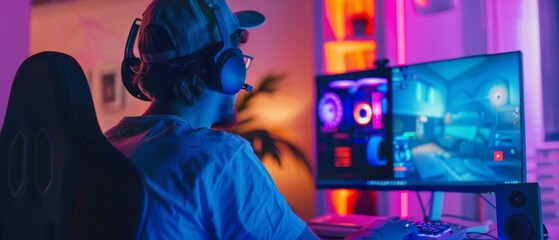 Wall Mural - Young Gamer Playing First-Person Shooter Online Video Game on Powerful Computer. Room and PC have Colorful Neon Led Lights. Young Man Wears a Cap. Cozy Evening at Home.