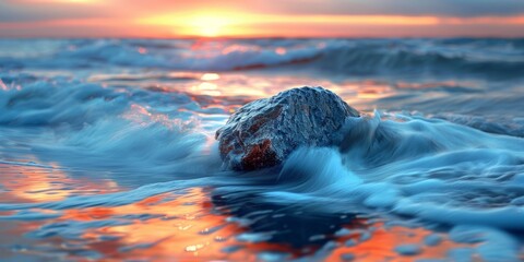 Wall Mural - Close-up of surf flowing over a rock on a Baltic Sea beach at sunset,