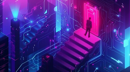 Poster - IoT technology 3d modern illustration, web banner for digital smart city. Businessman going upstairs to open door in neon glowing intelligent building with microcircuit elements.