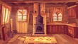 The interior of an old Russian kitchen, a traditional Russian kitchen with a stove, samovar, cuckoo clock, and grip. Cartoon illustration of a wooden room with traditional Russian furniture and a