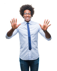 Poster - Afro american business man wearing glasses over isolated background showing and pointing up with fingers number ten while smiling confident and happy.