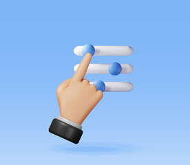 Poster - 3D filter button and hand isolated. Render settings slider symbol. Control interface with slider bars selector. Media digital panel for balanced settings. Realistic vector illustration