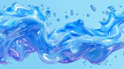 Poster - Realistic water splash and flowing stream modern illustration, banner. Blue transparent liquid flow with air bubbles, clear texture.