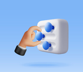 Poster - 3D filter button and hand isolated. Render settings slider symbol. Control interface with slider bars selector. Media digital panel for balanced settings. Realistic vector illustration