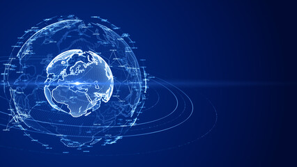Poster - Digital illustration of a globe with glowing network connections on a deep blue background, symbolizing global communication and data transfer. 3D rendering