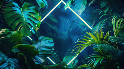 Poster - tropical plants illuminated with green and blue fluorescent light. rainforest environment with diamo
