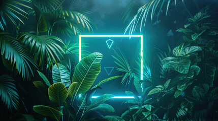 Poster - tropical plants illuminated with green and blue fluorescent light. rainforest environment with diamo