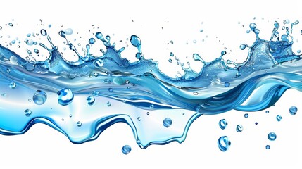 Poster - An illustration of clean fresh water flowing with bubbles and drops. Modern illustration with realistic blue aqua splash on white background. A flow of pure liquid.