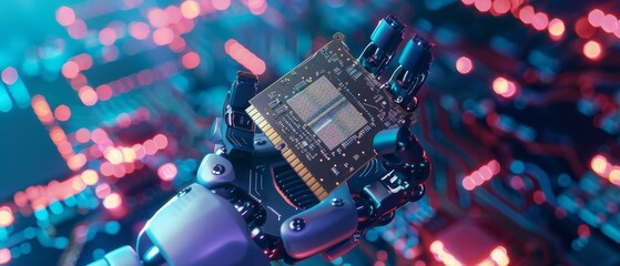 Poster - High Tech Industrial Robot Manipulator End Effector holding Super Computer Processor. Modern High Tech Authentic Robot Arm with a Computer Chip.