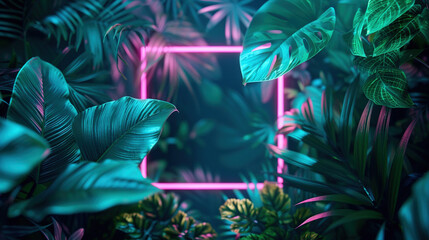 Poster - tropical plants illuminated with green and blue fluorescent light. rainforest environment with diamo
