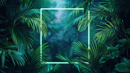 Poster - tropical plants illuminated with green and blue fluorescent light. rainforest environment with diamo
