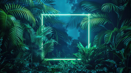Poster - tropical plants illuminated with green and blue fluorescent light. rainforest environment with diamo