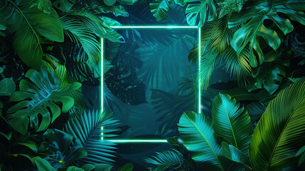 Poster - tropical plants illuminated with green and blue fluorescent light. rainforest environment with diamo