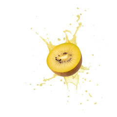 Wall Mural - Fresh ripe kiwi gold fruit slice falling flying in splashing juice with drops isolated on white background.