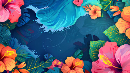 Wall Mural - AAPI heritage month. Asian American and Pacific Islander. Bright colorful banner with waves and tropical hibiscus flowers