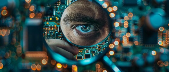Poster - Using a magnifying glass, a maintenance and repair technician solders Motherboards, Microchips, and Circuit Boards. Conceptual Shot: Close-up Magnifying Eye and Face.
