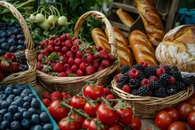 Farmers' Market Bounty: Picturesque Farmers' Markets Teeming With Sun-ripened Berries, Heirloom Tomatoes, And Freshly Baked Artisanal Bread, Showcasing Mouthwatering Picnic-ready Spreads.