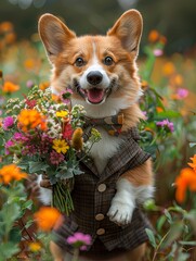 Wall Mural - corgi dressed in tuxedo pants, patent shoes, white shirt, bow tie, holding a bouquet of beautiful colorful wildflowers, postcard