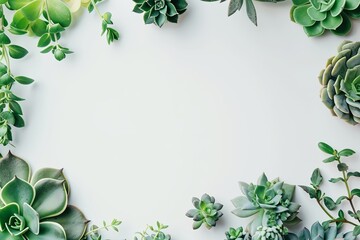 Wall Mural - minimalist modern wallpaper with succulent plants on a white surface with lots of copyspace for your text - top view