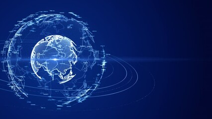 Poster - Digital illustration of a globe with glowing network connections on a deep blue background, symbolizing global communication and data transfer. Animation 4k, 3d rendering