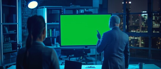 Poster - A Director speaks and uses a digital chroma-key interactive whiteboard for a presentation to executive and investor investors late at night. A green mock-up screen is visible in horizontal mode.