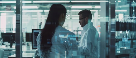 Poster - Photo of female supervisor talking with male electrical engineer working on computer in modern electronics factory. Designing PCB, microchip, semiconductors, and telecommunication equipment.