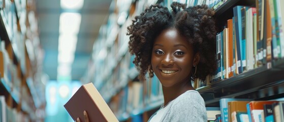 Poster - A beautiful Black girl stands beside the bookshelf while reading a textbook in preparation for her class assignment and exams. Low angle portrait with a smile.