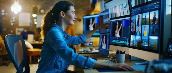 Poster - A creative young woman digital editor works on her computer with a large display, while a diverse team of young professionals is visible in the background.