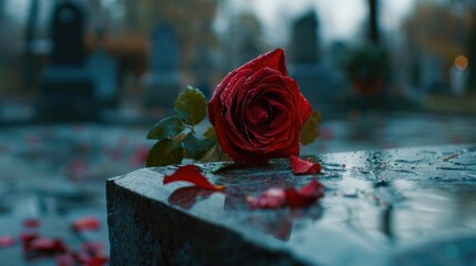 Wall Mural - in accordance with religious custom a single flower is placed at the grave in the cemetery as a symb