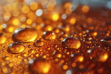 Poster - Sparkling water droplets captured in a close-up on a golden reflective surface, depicting a warm and luxurious feel