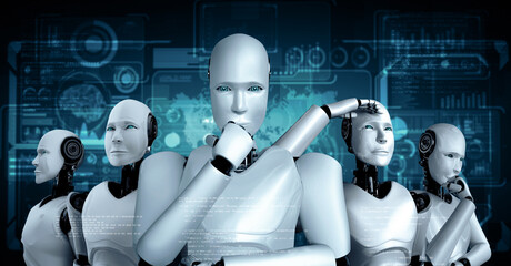 Poster - MLP 3d illustration of robot hominoid group in concept of future artificial intelligence and 4th fourth industrial revolution.