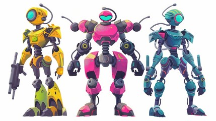 Poster - A cartoon illustration of robotic transformers, cyborgs, exoskeleton people fighting alien cybernetic warriors on a white background.