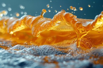 Poster - A high-resolution image capturing the dynamic motion of an orange liquid splash, with droplets suspended in air