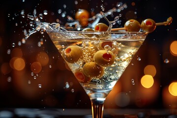 Poster - A crystal clear martini glass overflows with liquid and olives, capturing a dynamic splash against a warm, bokeh background