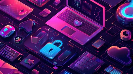 Wall Mural - An icon of a shield, padlock, cloud, and shield is shown on the landing page for information protection. This is a modern illustration comprising an isometric drawing of a laptop and a padlock.