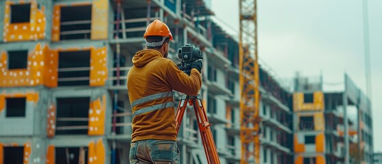 Poster - In this picture, a construction worker is using an optical instrument called a Theodolite, which is used to measure angles in horizontal and vertical planes. The worker is wearing a hard hat and is