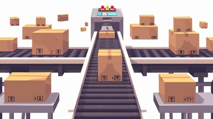 Aufkleber - In a factory or warehouse with cardboard boxes, an automated machine is conveying products, isolated on a white background.