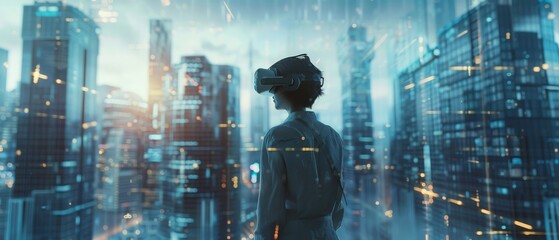 Poster - An Architect Wearing a Virtual Reality Headset Manipulates Buildings in 3D City. Mixed Augmented Reality Software with Special Visual Effects. VFX.