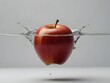 A close-up of a fresh, red apple in water splash with water droplets glistening on its skin, generative ai