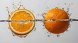 A juicy orange slice splashes into clear water, sending bubbles rising to the surface, generative ai